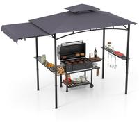 CostwayTonnelle de Barbecue 318 x 153 cm avec Auvent Latéral Abri Barbecue Cadre en Métal avec Dessus à 2 Niveaux 2 Etagères Gris Foncé