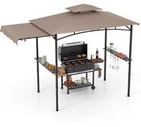 CostwayTonnelle de Barbecue 318 x 153 cm avec Auvent Latéral Abri Barbecue Cadre en Métal avec Dessus à 2 Niveaux 2 Etagères Café