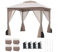 CostwayTonnelle de Jardin 300x300 cm avec Parois en Filet Tente de Reception avec Double Toit Structure en Métal 4 Sacs de Sable Kaki