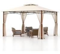 CostwayTonnelle de Jardin 360 x 300 CM avec Moustiquaire Pavillon de Patio Extérieur avec Toit à 2 Niveaux Cadre Métallique Beige