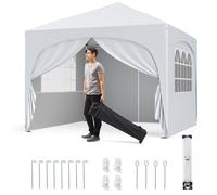 CostwayTonnelle de Jardin 3x3M avec 4 Parois Latérales Amovibles Tente de Reception Portable avec Sac à Roulettes 8 Piquets 4 Ancres Blanc