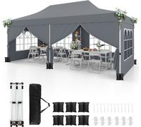 CostwayTonnelle de Jardin 3x6M avec 6 Parois Latérales Amovibles Tente de Reception Escamotable avec Sac de Transport Protection Solaire Gris