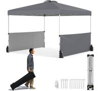 CostwayTonnelle de Jardin Pliable 3x3M avec 2 Demi-Murs Latéraux Tente avec Sac à roulettes 8 Piquets 4 Ancrages 4 Cordes Coupe-Vent Gris