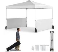 CostwayTonnelle de Jardin Pliable 3x3M avec 2 Demi-Murs Latéraux Tente avec Sac à roulettes 8 Piquets 4 Ancrages 4 Cordes Coupe-Vent Blanc