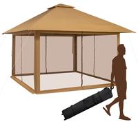 CostwayTonnelle de Jardin Pliante 4 x 4M Pop-up avec Parois Latérales en Maille à Fermeture Éclair Tente Réception Double Toit Hauteur Réglable Brun