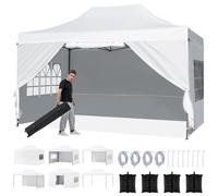 CostwayTonnelle Pop Up 4,3x2,9m avec 4 Parois Latérales Amovibles Barnum Pliant Imperméable avec 3 Hauteurs Réglables Sac à Roulettes Blanc