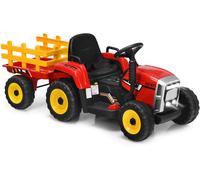 CostwayTracteur Electrique avec Remorque pour Enfants 3 Vitesses Lumières LED Fonctions Audio USB et Bluetooth Rouge