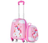 CostwayValise Enfant à Roulettes 16?? + Sac à dos 12?? Ensemble de Bagage Enfants avec Motif Licorne Rose Violet