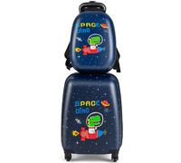 CostwayValise Enfant à Roulettes 16 + Sac à dos 12 Ensemble de Bagage Enfants avec Motif Vaisseau Spatial Dinosaure Noir