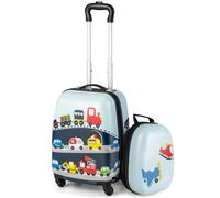 CostwayValise Enfant à Roulettes 16?? + Sac à dos 12?? Ensemble de Bagage Enfants avec Motif Voiture d'Avion Bleu