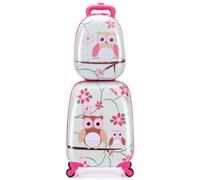 CostwayValise Enfant + Sac à Dos Bagage Trolley à Roulettes pour Enfant Motif Hibou en ABS Robuste