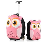CostwayValise Enfants à Roulettes 16? et Sac à Dos 12? avec Motif Mignon Bagages avec Poignée Rétractable 58-74CM 30x21x40CM Rose