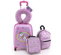 CostwayValise Enfants à Roulettes 16?? & Sac à Dos 13??Ensemble de 5 Bagages pour Enfants avec Oreiller Cervical Etiquette Licorne Rose