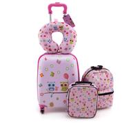 CostwayValise Enfants à Roulettes 16?? & Sac à Dos 13??Ensemble de 5 Bagages pour Enfants avec Oreiller Cervical Etiquette Hiboux Rose
