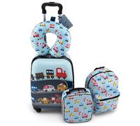 CostwayValise Enfants à Roulettes 16?? & Sac à Dos 13??Ensemble de 5 Bagages pour Enfants avec Oreiller Cervical Etiquette Voiture Bleu