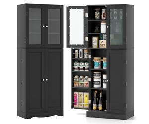 CostwayVitrine en Verre 161,5 cm Armoire Cuisine Haute avec 2 Portes Vitrées et 2 Portes Multi-Rangement Style Scandinave Meuble de Rangement Noir