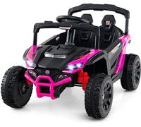 CostwayVoiture Électrique 12v Camion Utv avec Télécommande 3 Vitesses Lumières Led Musique Klaxon & Suspension à Ressort pour 3+ Ans Rose