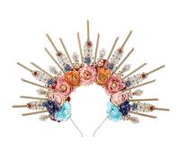COSUCOS Couronne de fleurs fantaisie - Serre-tête fait à la main avec roses bleues et cristaux - Accessoire de la déesse grecque grecque à pointes dorées pour femme - Pour Halloween, lutin de la
