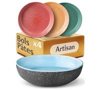 Cosumy 4 Assiettes à Pâtes en Grès Ø22 cm - Colorées - Assiette Creuse | Émail réactif fait main, chaque pièce est unique, micro-ondes et lave-vaisselle, bord haut pour les sauces