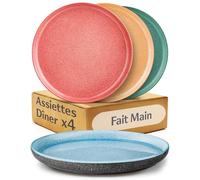 Cosumy 4 pièces Assiette Plate en Grès Ø26,7 cm - Assiettes Artisanales avec Glaçure Réactive - Couleurs Vibrantes, Micro-ondes et Lave-vaisselle Compatible - Set de 4 Assiettes