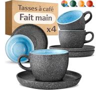 Cosumy 4 Tasses à Cappuccino avec Soucoupes 200 ml - Tasses Épaisses en Céramique Fabriquées à la Main - Émail Réactif Blue - Conservent la Chaleur Plus Longtemps