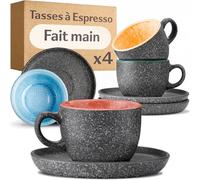 Cosumy 4 Tasses à Espresso avec Soucoupes 90ml - Tasses Épaisses en Céramique Fabriquées à la Main - Émail Réactif Coloré - Conservent la Chaleur Plus Longtemps
