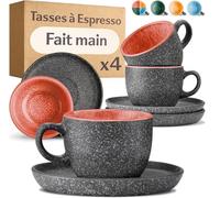 Cosumy 4 Tasses à Espresso avec Soucoupes 90ml - Tasses Épaisses en Céramique Fabriquées à la Main - Émail Réactif Rouge - Conservent la Chaleur Plus Longtemps