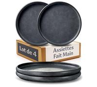Cosumy Set de 4 Assiettes à Dessert Ø22 cm - Assiette Dessert Artisanale Noire - Élégantes Assiettes de Petit-Déjeuner - Set de Vaisselle Moderne pour 4 Personnes - Service de Table