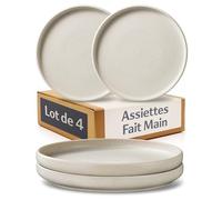 Cosumy Set de 4 Assiettes Plates Ø26 cm - Service Assiette Artisanales Blanches - Vaisselle Élégante pour 4 Personnes - Assiettes Service Table - Set de Vaisselle Durable