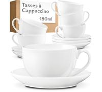 Cosumy Set de 6 Tasses à Cappuccino Blanches avec Soucoupes - Service A Café en Céramique 180 ml - Lavable au Lave-vaisselle - Boîte Cadeau Incluse - Ensemble Tasse A Cafe avec Support - Service Café