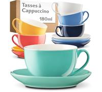 Cosumy Set de 6 Tasses à Cappuccino Colorées avec Soucoupes - Service A Café en Céramique 180 ml - Lavable au Lave-vaisselle - Boîte Cadeau Incluse - Ensemble Tasse A Cafe avec Support - Service A Caf