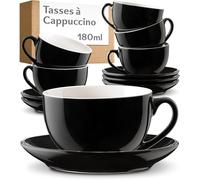 Cosumy Set de 6 Tasses à Cappuccino Noires avec Soucoupes - Service A Café en Céramique 180 ml - Lavable au Lave-vaisselle - Boîte Cadeau Incluse - Ensemble Tasse A Cafe avec Support - Service A Cafe