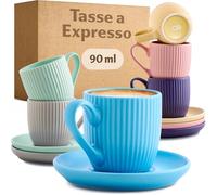 Cosumy Tasse à Café Expresso avec Anse - 6 Tasses 90ml avec Soucoupes - Motif Unique à rayures - Céramique Couleur Pastelle Mate - Lavable en lave-vaisselle