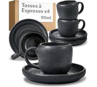 Cosumy Tasse a Café Expresso avec Anse - Set de 4 Tasses 90 ml avec Soucoupes en Céramique - Tasse Cafe Noire - Tasses Élégantes - Compatibles lave-vaisselle