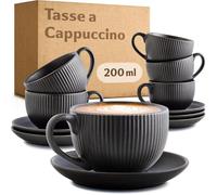 Cosumy Tasse à Cappuccino avec Soucoupe 200ml - 6 Tasses à Café avec Anse Céramique motif à rayures - Lavable en lave-vaisselle - Noir mat - Résistant à la chaleur