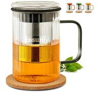 Cosumy Tasse Thé avec Infuseur et Couvercle, 450ml - Mug Thé en Verre Borosilicate avec Sous-Verre en Liège et Poignées Colorées (Noir)