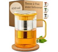 Cosumy - Tasse Thé avec Infuseur et Couvercle, 450ml - Mug Thé en Verre Borosilicate avec Sous-Verre en Liège et Poignées Colorées (Jaune)