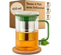 Cosumy Tasse Thé avec Infuseur et Couvercle, 450ml - Mug Thé en Verre Borosilicate avec Sous-Verre en Liège et Poignées Colorées (Vert)