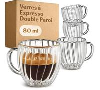 Cosumy Tasses à Expresso Double Paroi 80ml - Set de 4 Tasses avec Poignée - Design élégant à cannelures avec effet de flottement - Résistant au lave-vaisselle