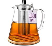 Cosumy Theiere en Verre avec filtre de 1,3 L Grande - Avec sous-verres en Bambou - Lavable au Lave-vaisselle