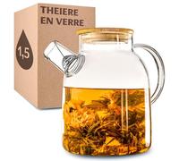 Cosumy Theiere Verre avec Filtre 1,5L - avec Couvercle en Bambou - Lavable au Lave-vaisselle - Pour les Boissons Chaudes et Froides