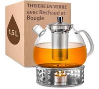 Cosumy Theiere Verre Avec Filtre - Grande 1,5l - Avec Rechaud et Bougie - Lavable au Lave-vaisselle - Résistant à la Chaleur