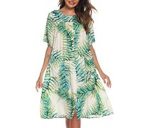 COSUNIONY Robe de maison pour femme en coton à manches courtes avec boutons et poches S-XXL, Vert/fleur, X-Large