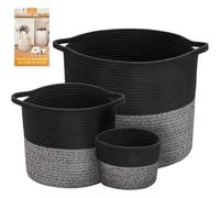 COSYLAND Lot de 3 Paniers à Linge 112L en Corde de Coton, Corbeilles à Linge Sale avec Poignées, Bacs de Rangement pour Vêtements, Jouets, Serviettes - Pour Chambre ou Salle de Bain - Gris/Noir