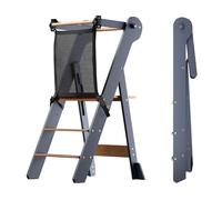 COSYLAND Marchepied Pliable pour Enfant - Tabouret de Cuisine Peu encombrant avec Filet de Protection - Tour Debout réglable en Hauteur avec Bloc de stabilisation (Gris et Naturel)