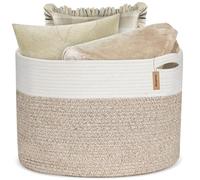 COSYLAND Panier à Linge 76L en Corde de Coton, Corbeille à Linge Sale avec Poignées 48x48x33cm, Bac de Rangement pour Vêtements, Jouets, Serviettes - Pour Chambre ou Salle de Bain - Marron/Blanc