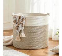 COSYLAND Panier à Linge Rond 88L en Corde de Coton, Grande Corbeille à Linge et Panier de Rangement avec Poignées, pour Linge Sale, Chambre et Buanderie, 56 x 36 cm, Blanc et Khaki