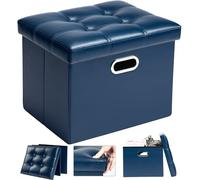 COSYLAND Pouf de Rangement Pliable en Similicuir avec Couvercle - Banc Coffre Multifonction 43x38x38cm - Tabouret Repose-Pieds 200kg - Ottoman de Salon Espace de Stockage Caché, Bleu
