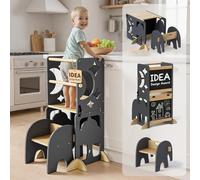COSYLAND Tour d’Observation Montessori Enfant 3 en 1 avec Tableau | Tour d’Observation 3 en 1, Tour d’Apprentissage Enfant Pliable, Tour Observation bébé pour Cuisine, Table et - Gris & Naturel