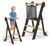 COSYLAND Tour d’Observation Montessori Enfant Pliable - Tour d’Apprentissage Bébé Réglable en Hauteur, Chaise d’Apprentissage en Bois à Partir de 1 an, Kitchen Helper - Gris Foncé + Naturel